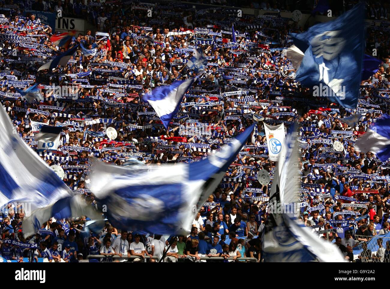 Schalke 04 supporters, in the stands during the match. Stock Photo
