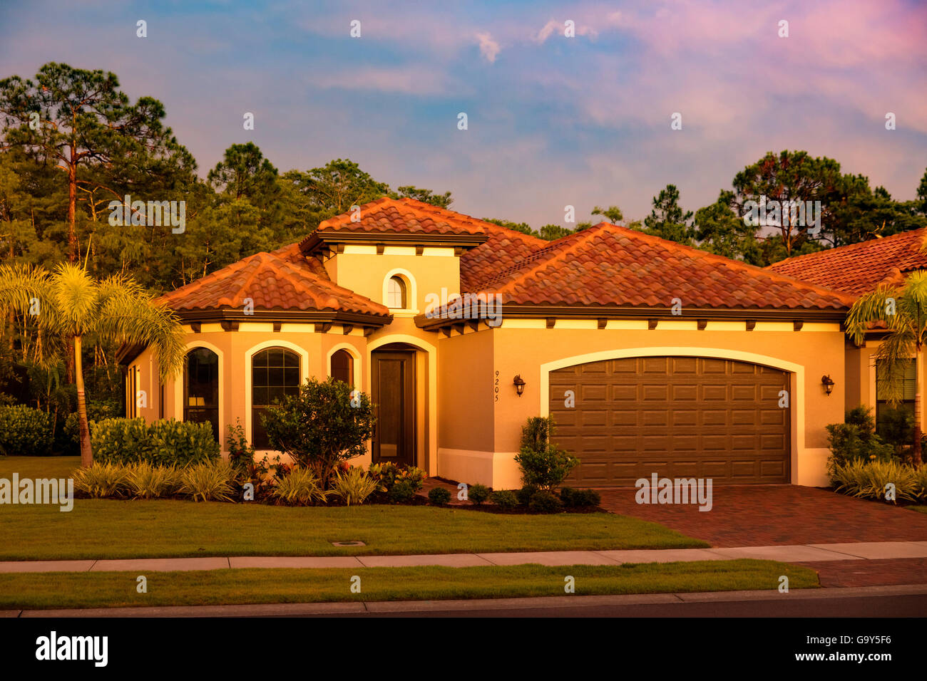 Setting sunlight on a typical Southwest Florida home, Bonita Springs, Florida, USA Stock Photo
