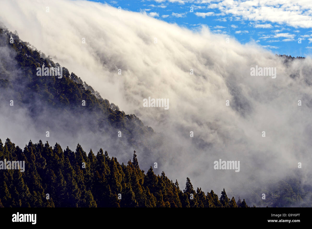 Trade wind clouds haning over a crest, Teide National Park, Tenerife, Canary Islands, Spain Stock Photo