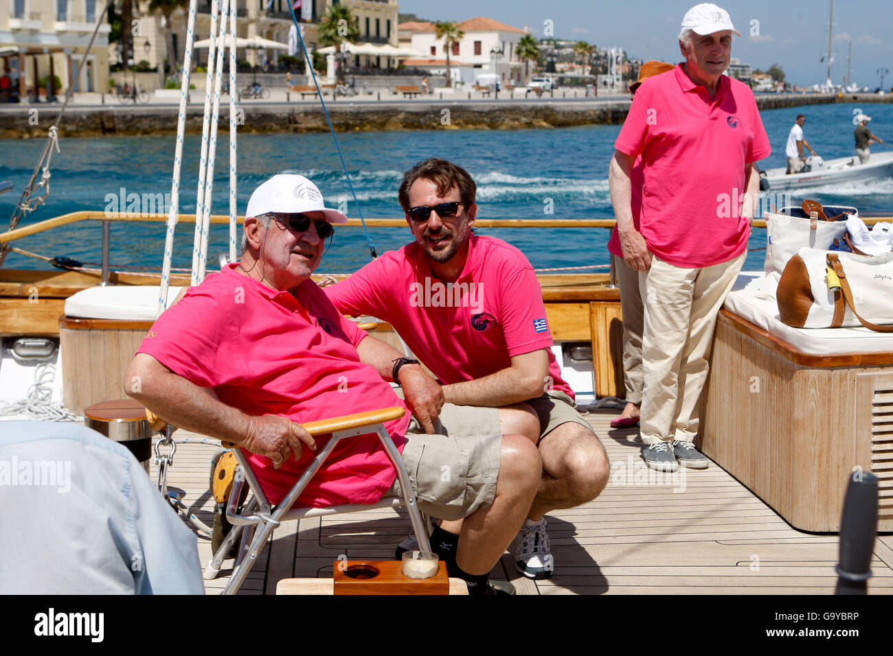 Spetses Island, Greece. 1st July, 2016. King CONSTANTINE of Greece with his son Prince NIKOLAOS of Greece participate with their traditional boat Afroessa, at Spetses Classic Yacht Regatta 2016. © Aristidis Vafeiadakis/ZUMA Wire/Alamy Live News Stock Photo