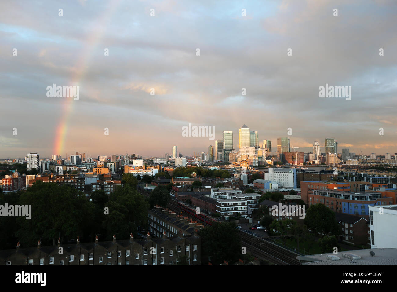 London, UK. 1st July, 2016. UK weather. Rainbow over Canary Wharf, London, UK. Credit:  Simon Balson/Alamy Live News Stock Photo