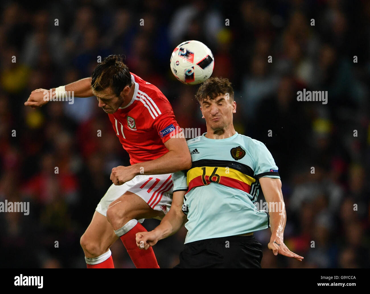 Lille, France. 1st July, 2016. Gareth Bale of Wales (L) vies with Thomas Meunier during the Euro 2016 quarterfinal match between Belgium and Wales in Lille, France, July 1, 2016. Credit:  Tao Xiyi/Xinhua/Alamy Live News Stock Photo