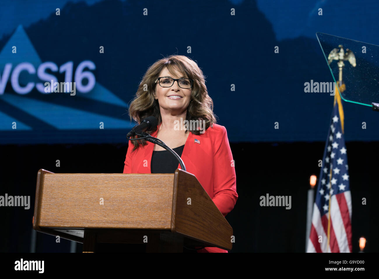 Sarah Palin and Donald Trump speak at the Western Conservative Summit in Denver, Colorado. Stock Photo