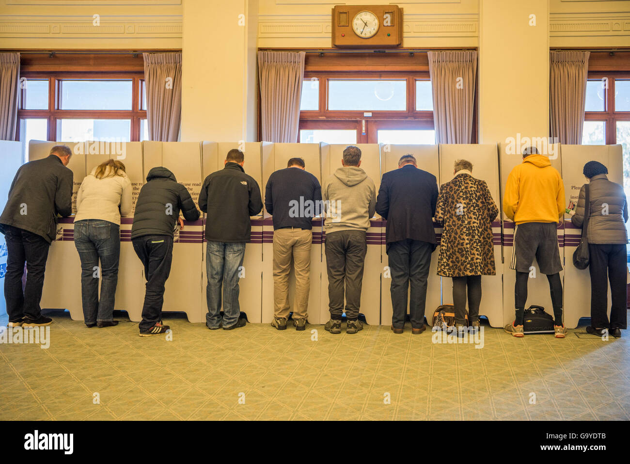 Canberra, Australia. 2nd July, 2016. Voters fill in their ballots at a polling station in Old Parliament House in Canberra, Australia, July 2, 2016. Polls in Australia's Federal election opened on Saturday. Credit: Justin Qian/Xinhua/Alamy Live News Stock Photo
