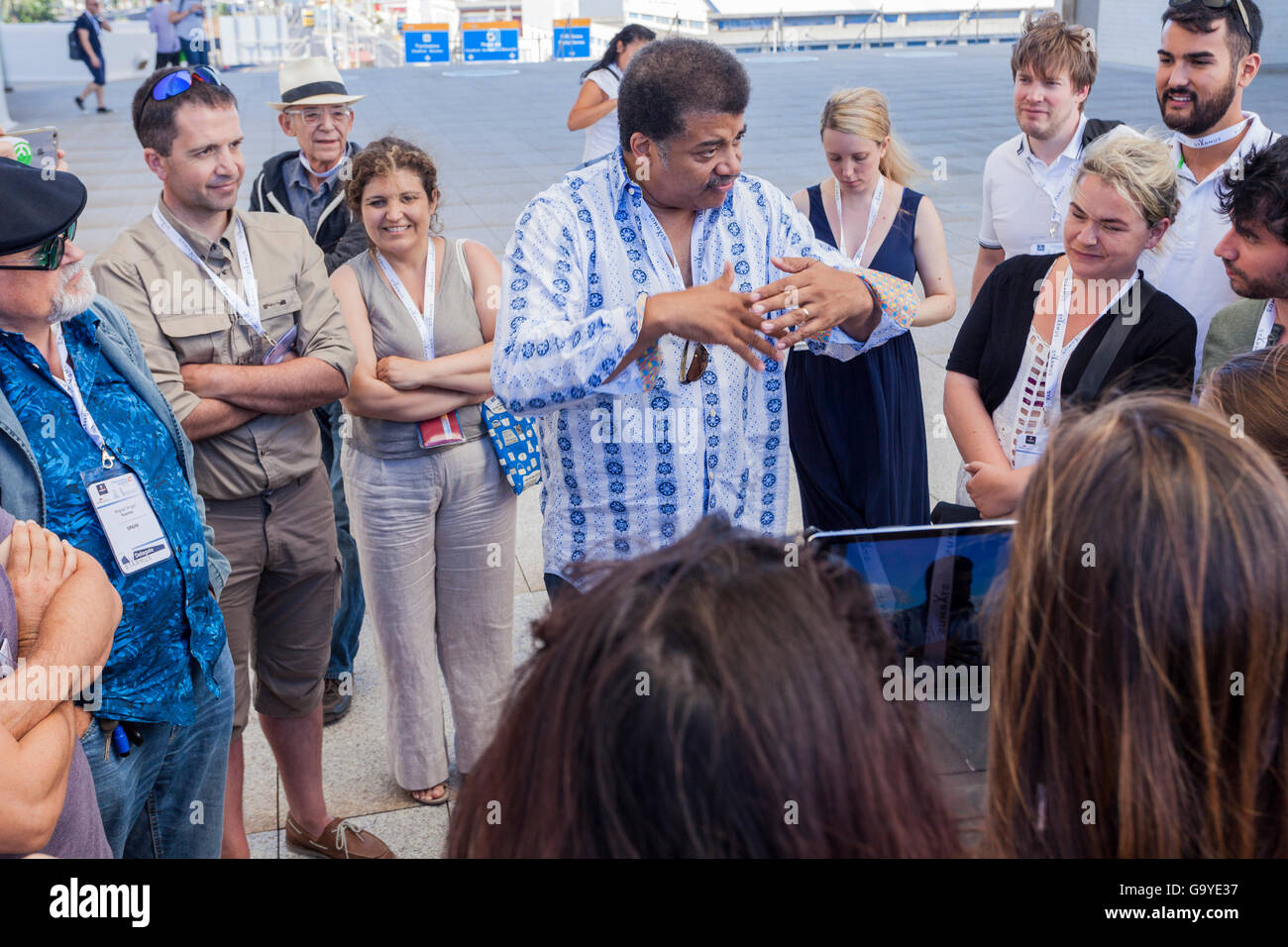 Neil deGrasse Tyson talking with fans at the Starmus festival in Tenerife. He is an American astrophysicist, cosmologist, author, and science communicator. Stock Photo