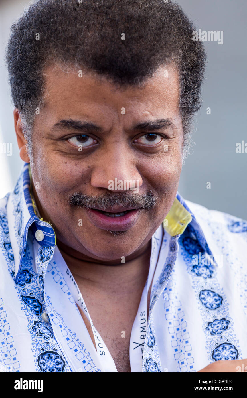 Neil deGrasse Tyson at the Starmus festival in the Auditorio Adan Martin in Santa Cruz, Tenerife. He is an American astrophysicist, cosmologist, author, and science communicator.Canary Islands, Spain Stock Photo