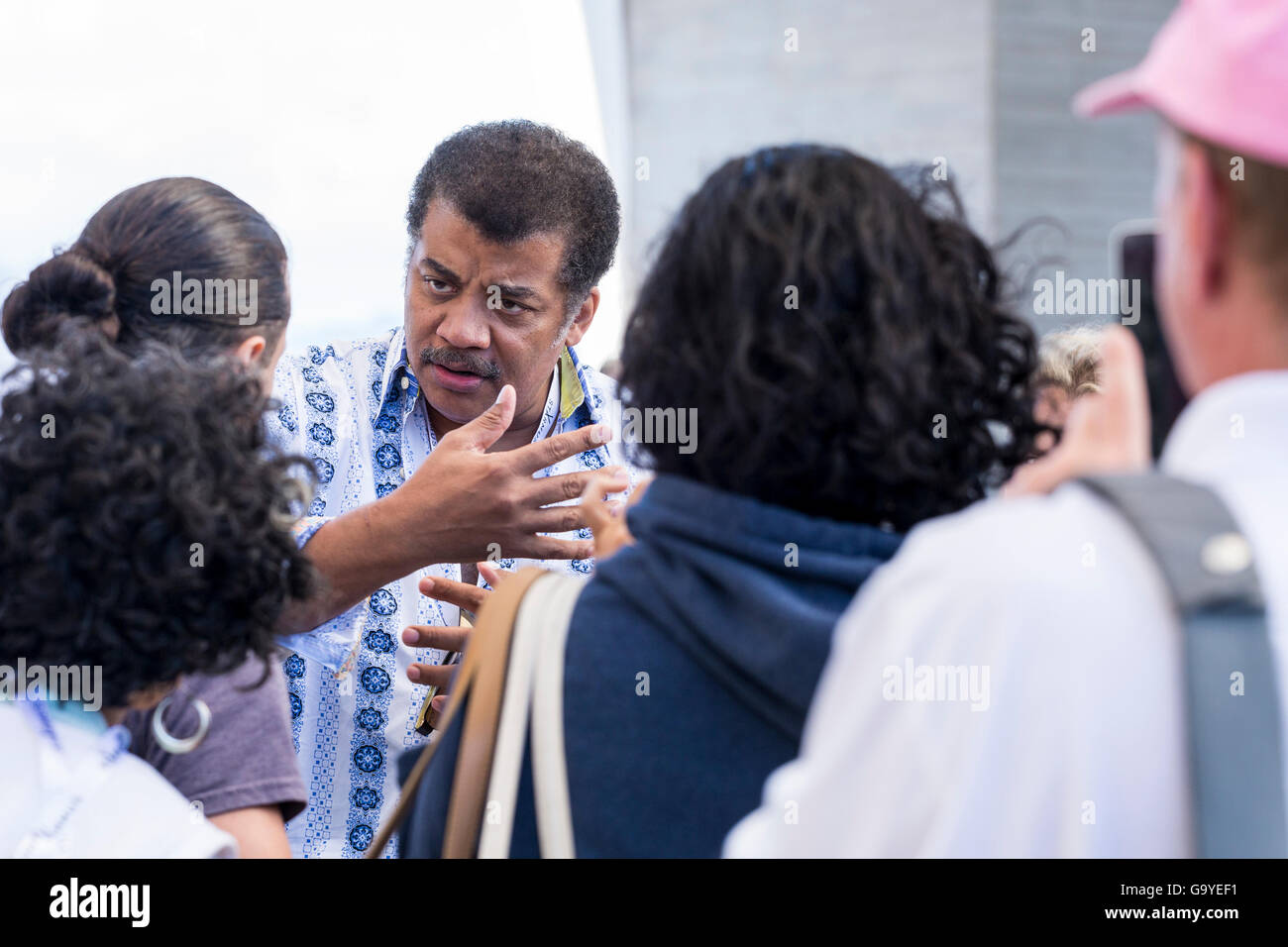 Neil deGrasse Tyson talking with fans at the Starmus festival in the Auditorio Adan Martin, Santa Cruz de Tenerife.He is an American astrophysicist, cosmologist, author, and science communicator. Canary Islands, Spain Stock Photo