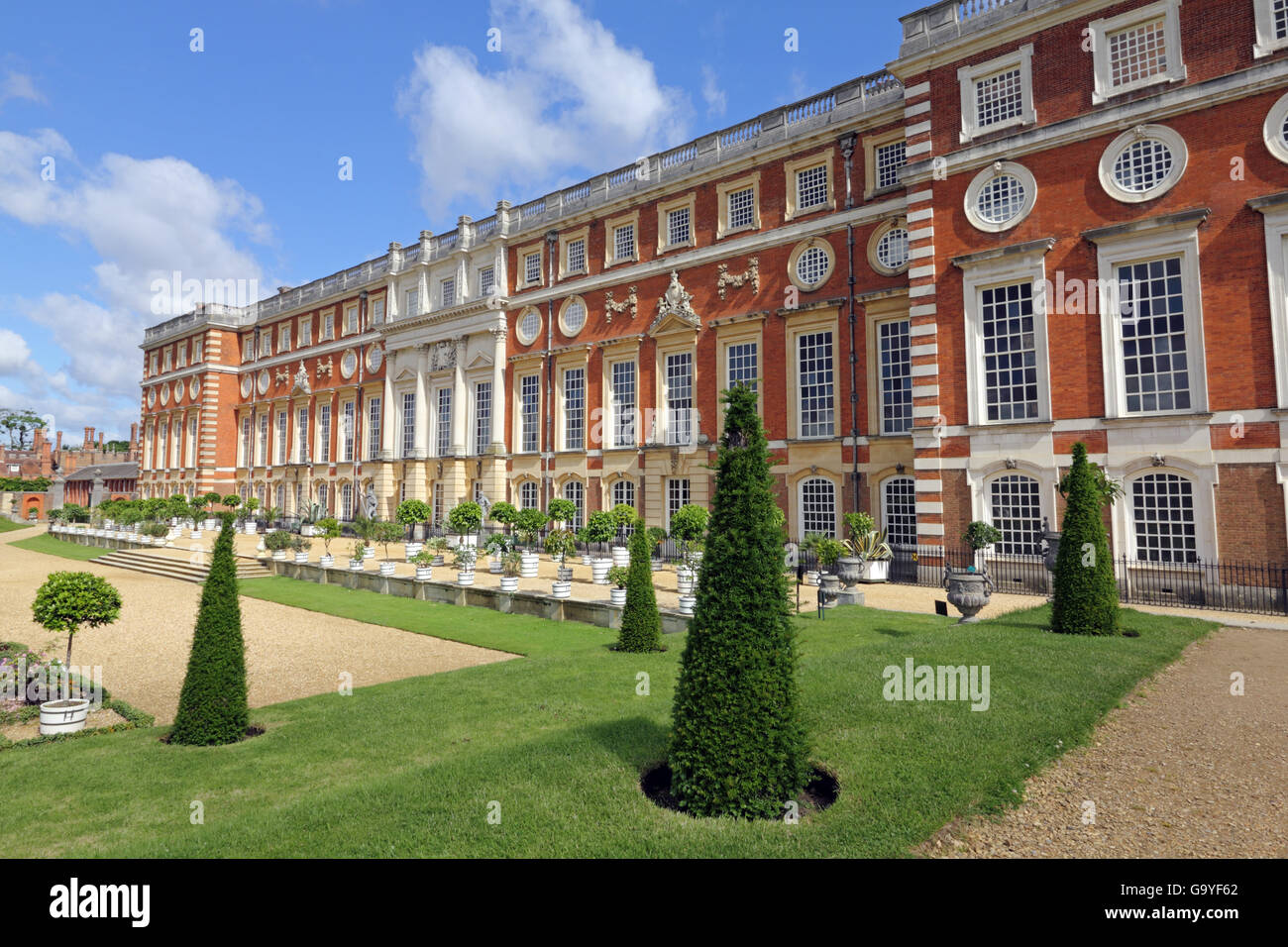 Hampton Court, London, UK, Surrey, England, UK. 2nd July, 2016. It was a fine morning at Hampton Court Palace in SW London with the sun shining on the south facing baroque wing. The palace and gardens are in pristine condition ahead of the annual flower show which opens on Monday. Credit:  Julia Gavin UK/Alamy Live News Stock Photo