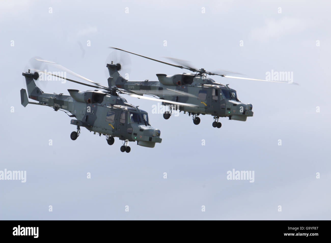 RNAS Yeovilton, Somerset, UK. 2nd July, 2016. Yeovilton Based Black Cats Helicopter Display team flying a pair of the Royal Navy's New Wildcat BRH helicopters Credit:  David Billinge/Alamy Live News Stock Photo