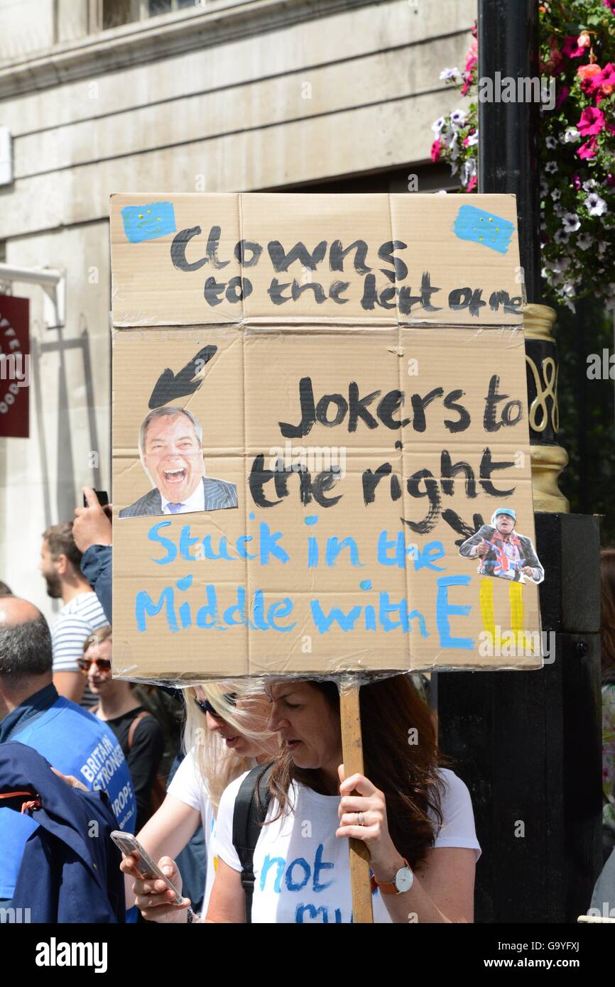 London, UK. 2nd July, 2016. Protesters used song lyrics to show their dismay at the referendum result. Credit:  Marc Ward/Alamy Live News Stock Photo