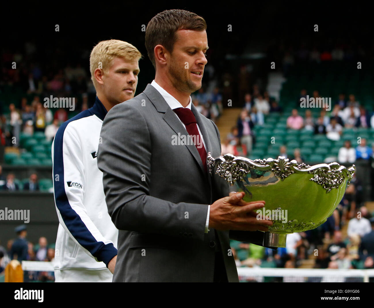 Wimbledon, London, UK. 02nd July, 2016. All England Lawn Tennis and Croquet Club, London, England. The Wimbledon Tennis Championships Day Six. Davis Cup captain Leon Smith and members of his winning 2015 squad on Centre Court before play today. Credit:  Action Plus Sports Images/Alamy Live News Stock Photo