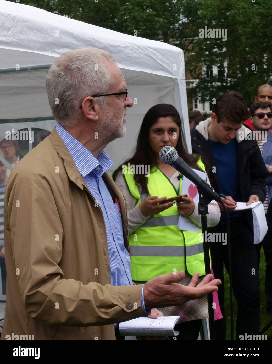 Labour Party leader Jeremy Corbyn MP addresses anti hate crime rally in Highbury Fields, North London Stock Photo
