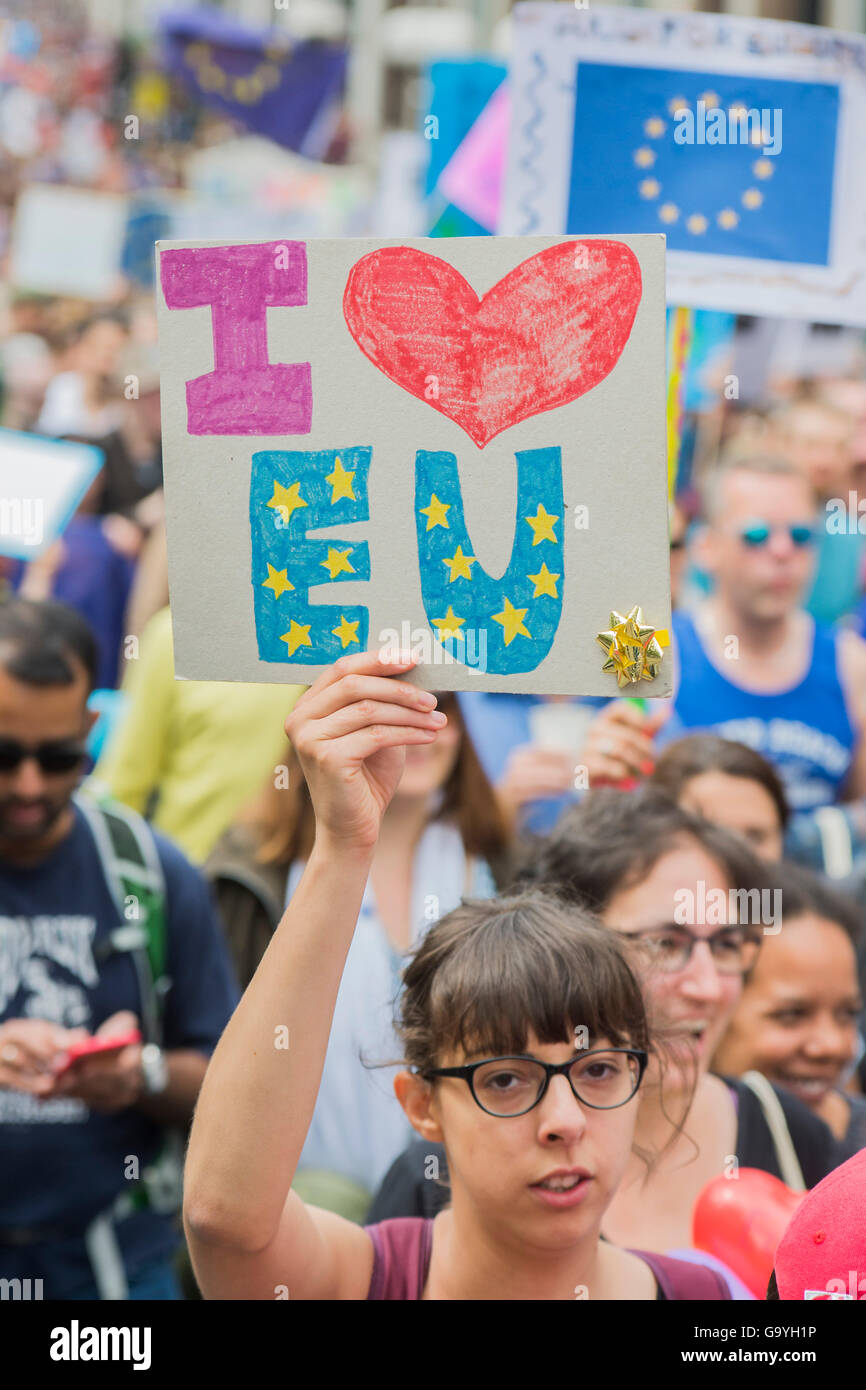 London, UK. 02nd July, 2016. A march for Europe brings out thousands of remain supporters who march from Hyde Park to Parliament Square. Credit:  Guy Bell/Alamy Live News Stock Photo