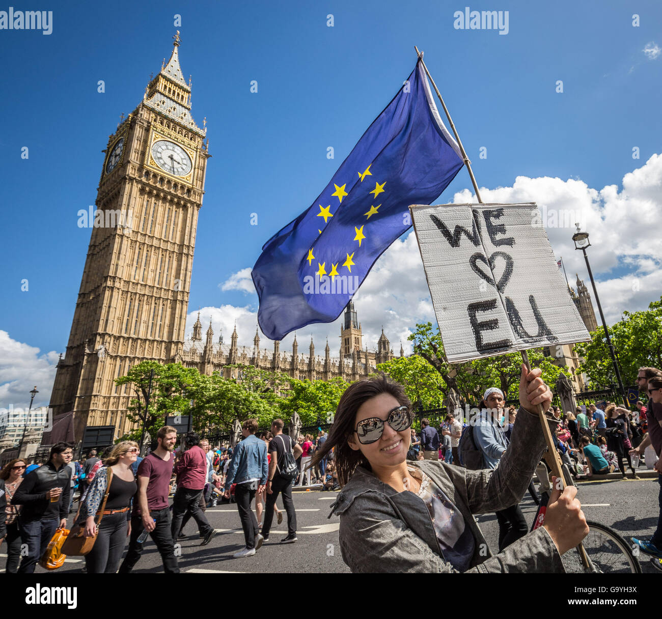 London, UK. 2nd July, 2016. ’March For Europe’ protest against the Brexit EU Referendum saw tens of thousands of anti-Brexit protesters marching through central London to rally in Westminster’s Parliament Square Credit:  Guy Corbishley/Alamy Live News Stock Photo