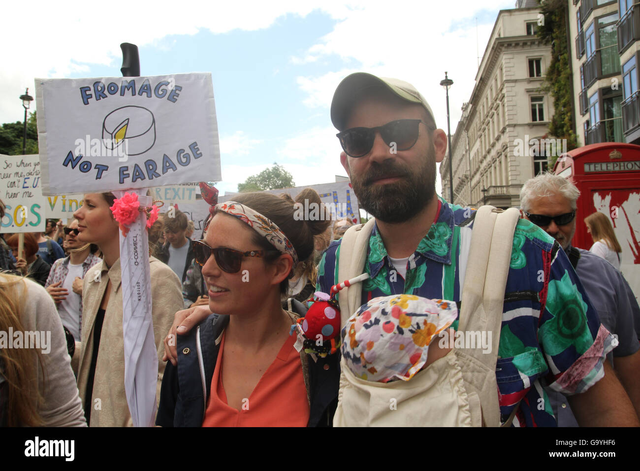 London, UK. 02nd July, 2016. LONDON, UK - JULY 2: A couple with their infant take part in the March For Europe demonstration a week after the Brexit Referendum vote. The pr Eu supporters march from Hyde Park to parliament Square.Photo: David Mbiyu/ Alamy New Live Stock Photo