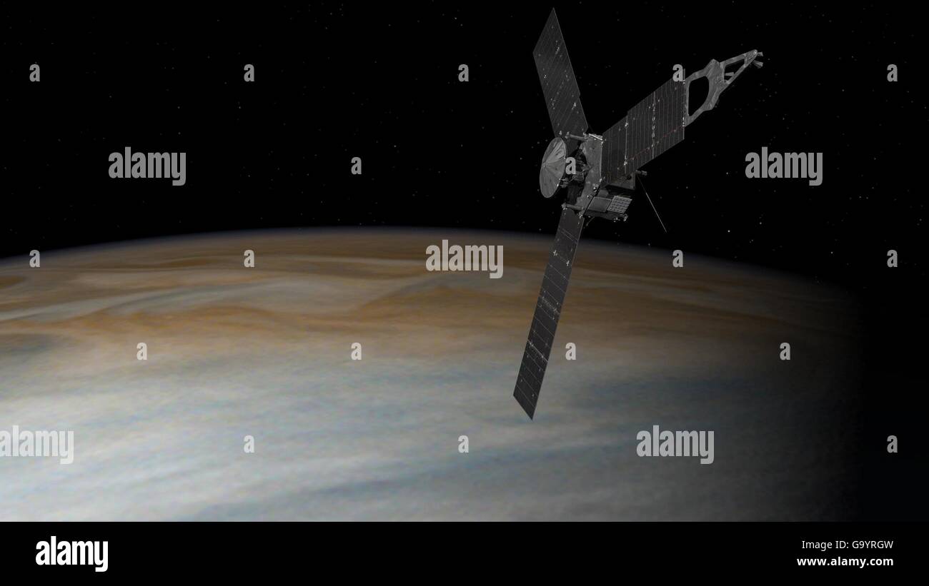 Artists illustration of the NASA Juno space probe orbiting around Jupiter July 4, 2016 in Pasadena, California. The Juno mission launched August 5, 2011 and successfully entered orbit around the planet where it will remain for 20 months to collect data on the planetary core, map the magnetic field, and measure the amount of water and ammonia in the atmosphere. © Planetpix/Alamy Live News Stock Photo