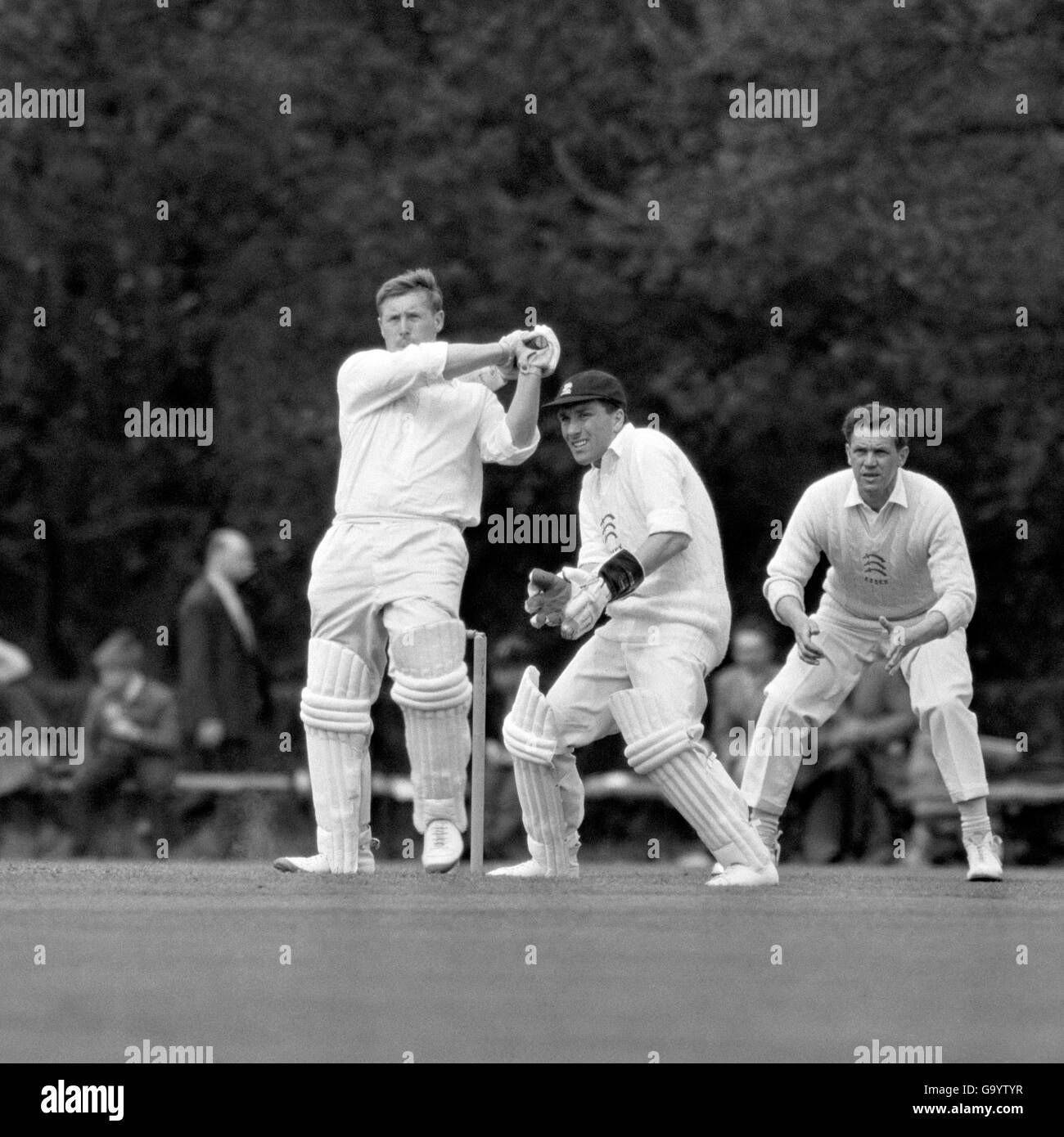 A action picture of hard hitting Peter Marner, the Lanchashire right hand batsman who made his debut for the Northern County at the age of only 16 in 1952. Stock Photo
