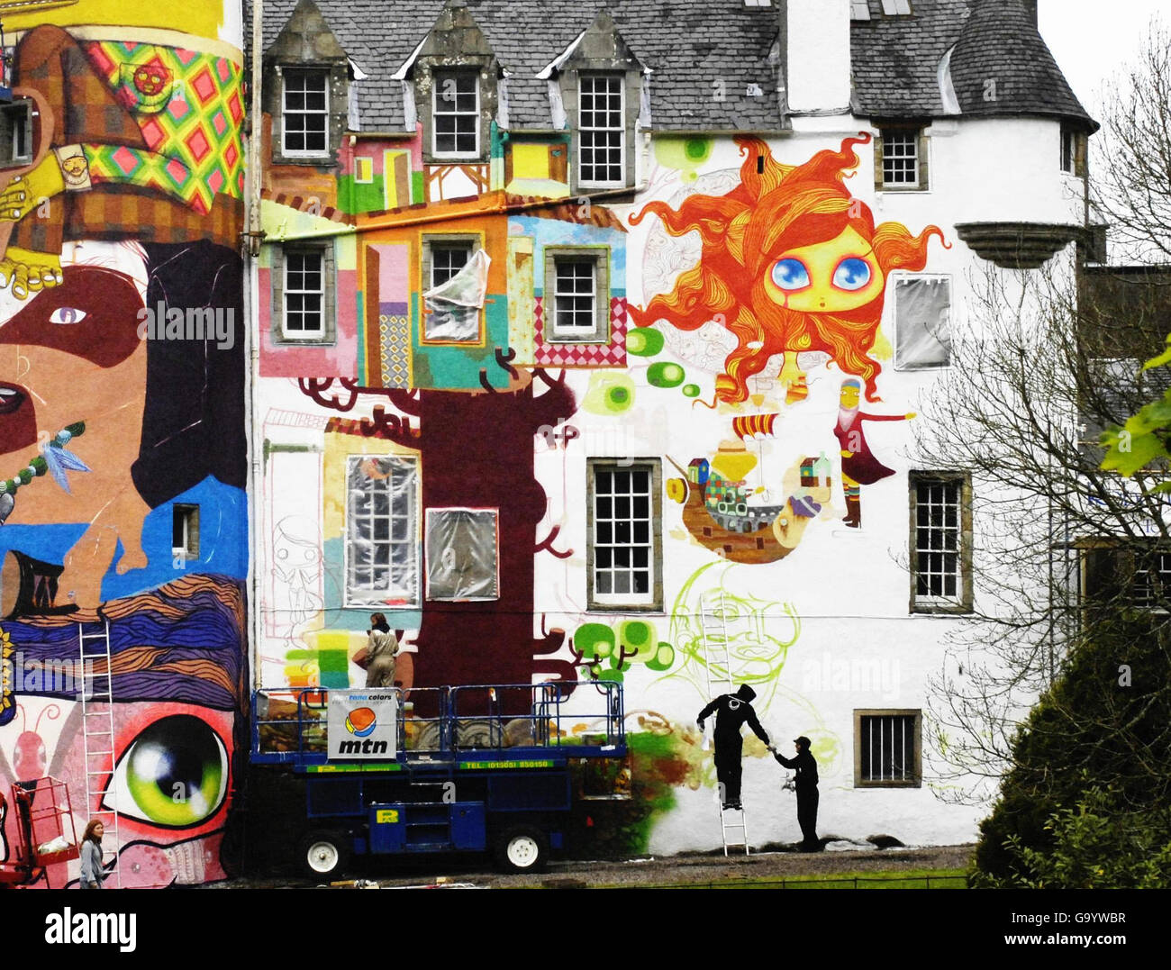 Brazilian Graffiti artists decorate Kelburn Castle in Scotland. Stock Photo