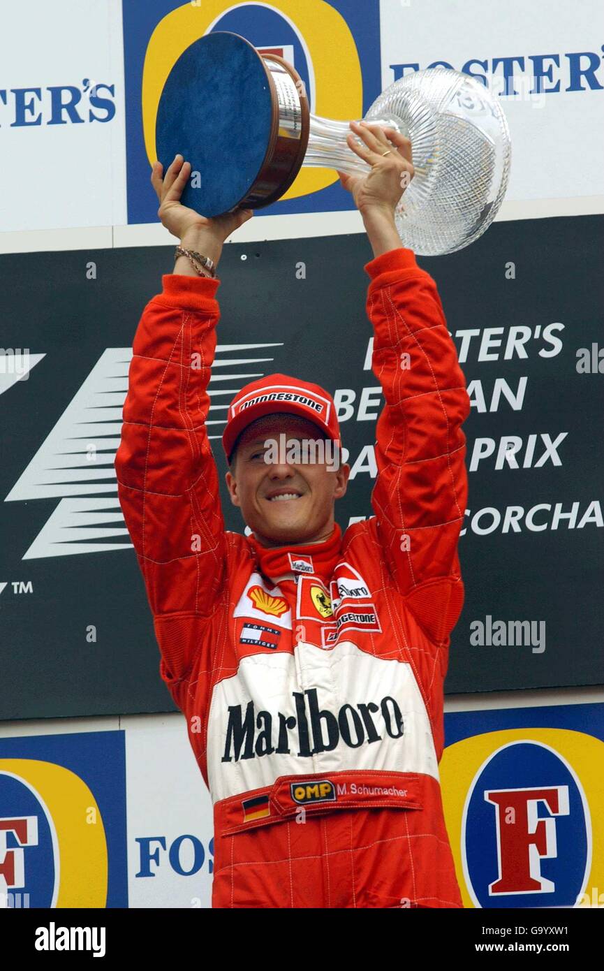 Germany's Michael Schumacher celebrates his win in the Belgian GP