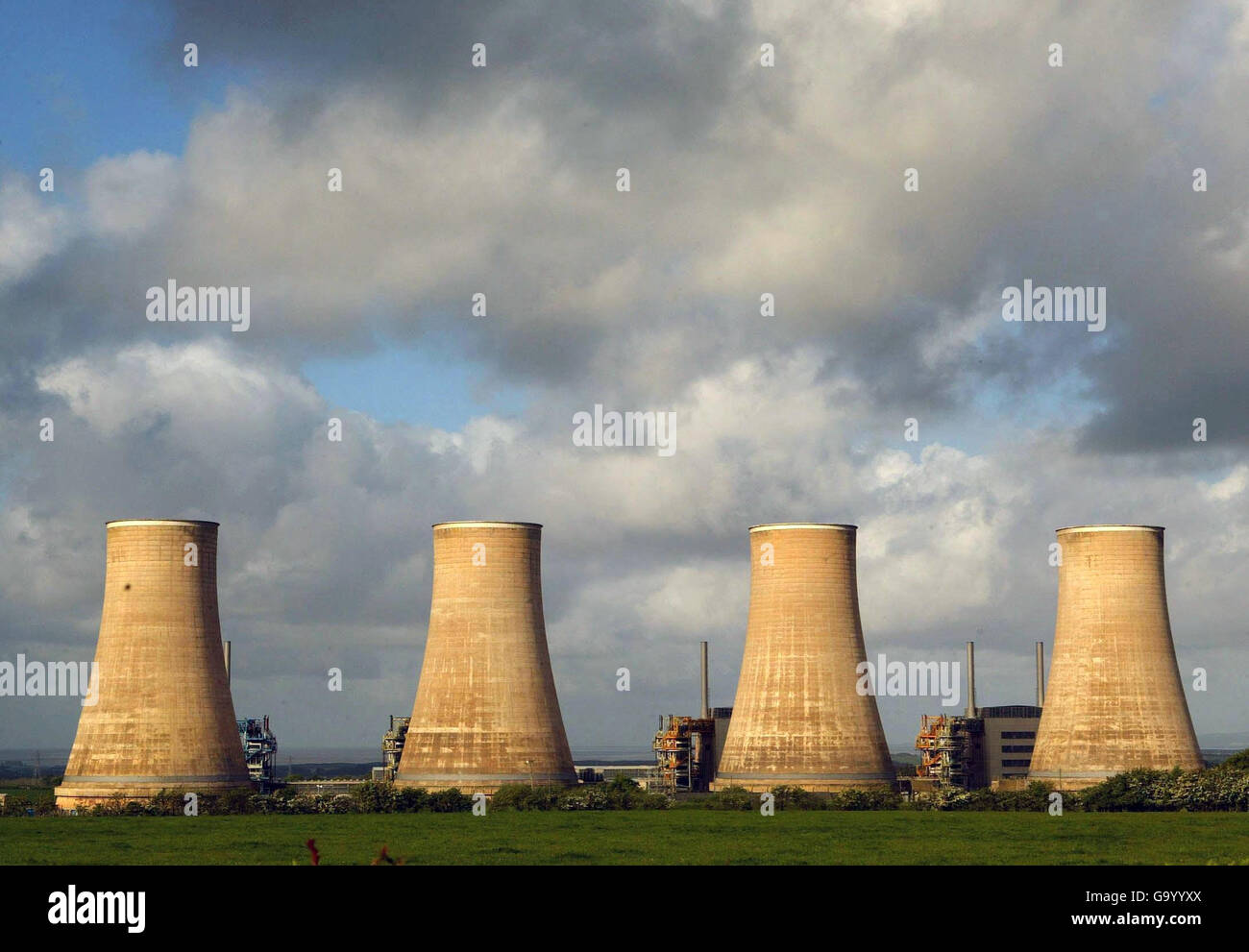A general view of the four cooling towers before they were demolished this morning, at Chapelcross nuclear power station, Dumfries. Stock Photo