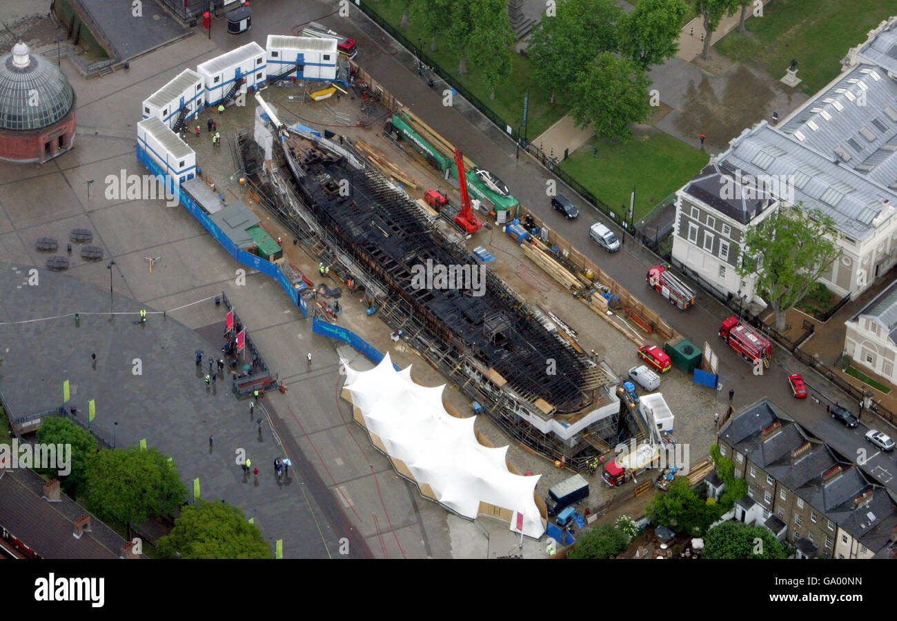 Cutty Sark fire. Aerial photograph of the remains of the Cutty Sark in Greenwich, East London. Stock Photo