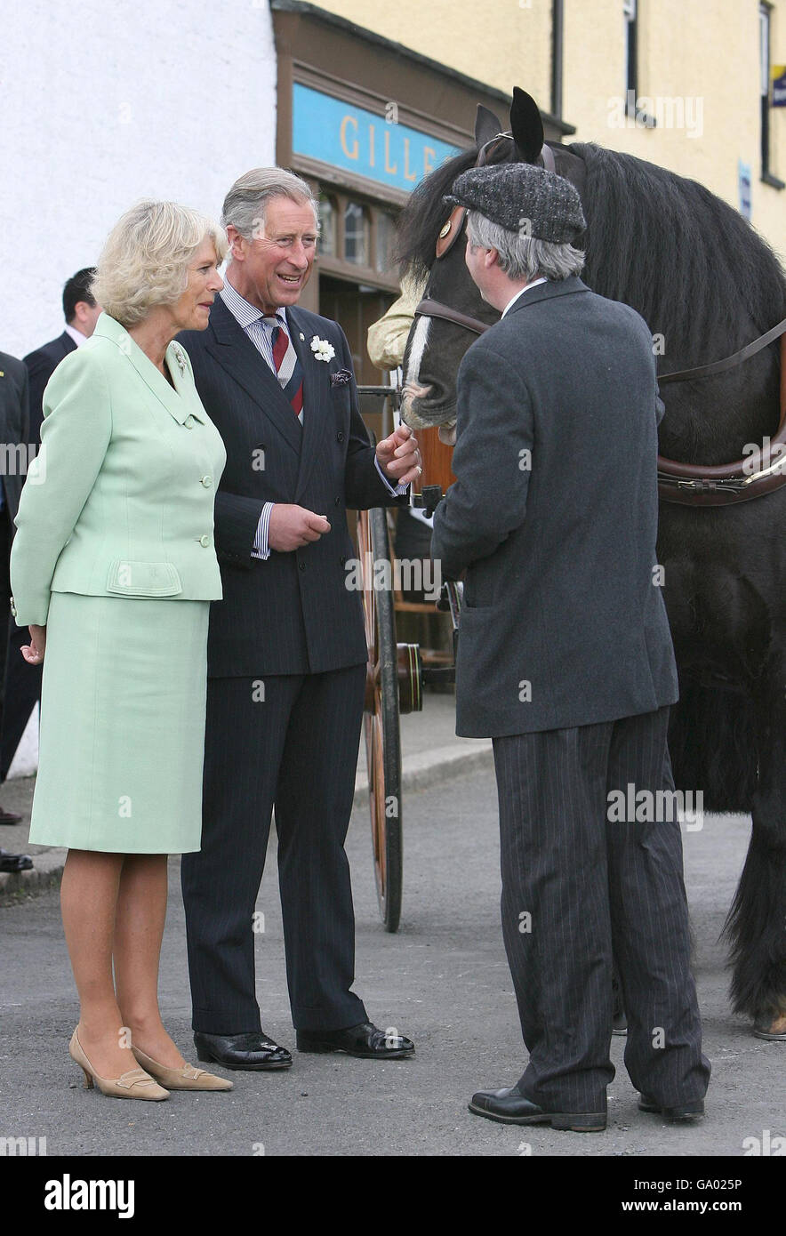 The Prince of Wales and the Duchess of Cornwall talk with a man in period costume tending a horse at the Ulster Folk and Transport Musuem. Stock Photo