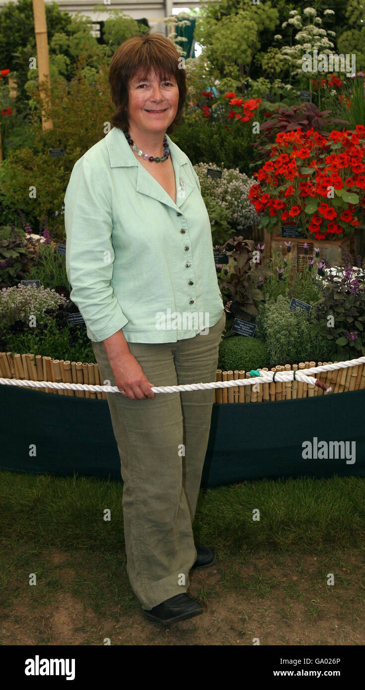 Jekka McVicar from Bristol with her Gold Medal winning garden called Jekka's Herb Farm at the Chelsea Flower Show, in the grounds of the Royal Chelsea Hospital, west London. Stock Photo