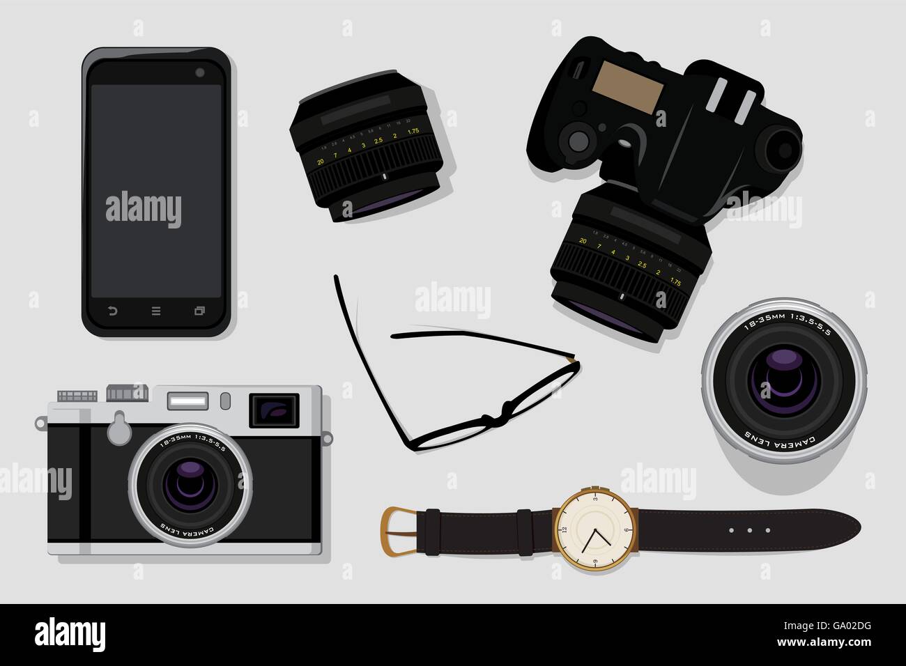 Professional photography equipment vector illustration top view concept