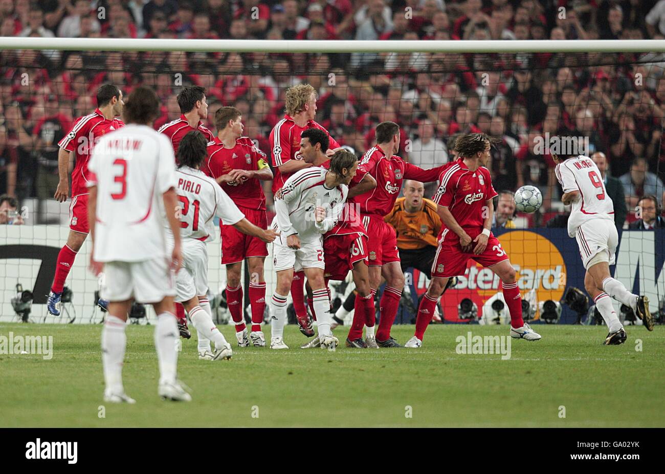AC Milan's Andrea Pirlo fires in a free-kick which deflects off team mate Filippo Inzaghi (far right), who scores the first goal of the game. Stock Photo