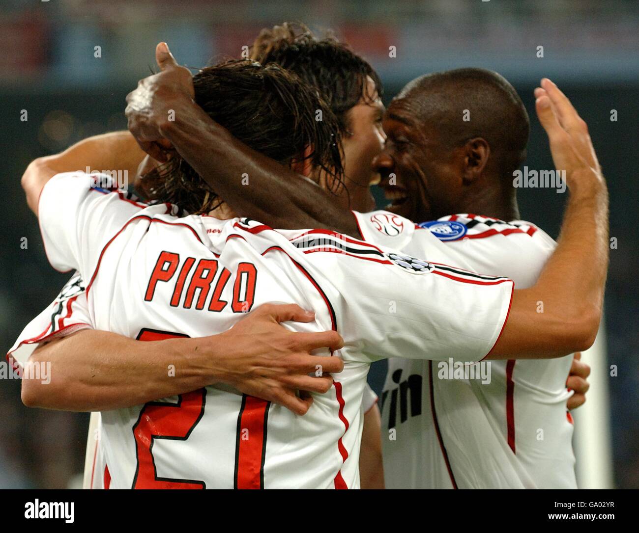 Soccer - UEFA Champions League - Final - AC Milan v Liverpool - Olympic Stadium. AC Milan's Andrea Pirlo (l), Ricardo Kaka and Clarence Seedorf (r) celebrate the first goal of the match scored by Filippo Inzaghi Stock Photo