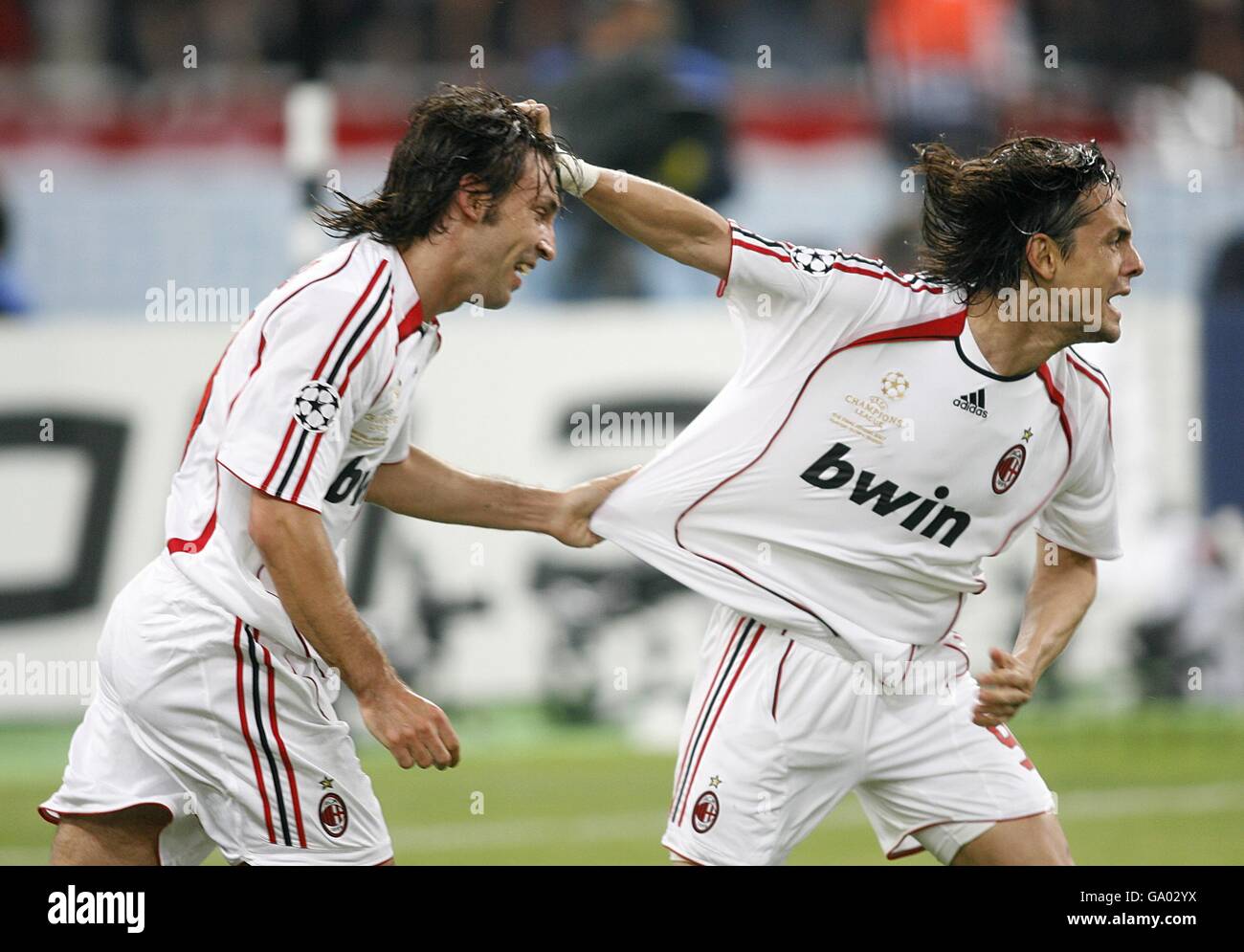 Soccer - UEFA Champions League - Final - AC Milan v Liverpool - Olympic Stadium. AC Milan's Filippo Inzaghi (r) celebrates with his team mate Andrea Pirlo after scoring the first goal Stock Photo