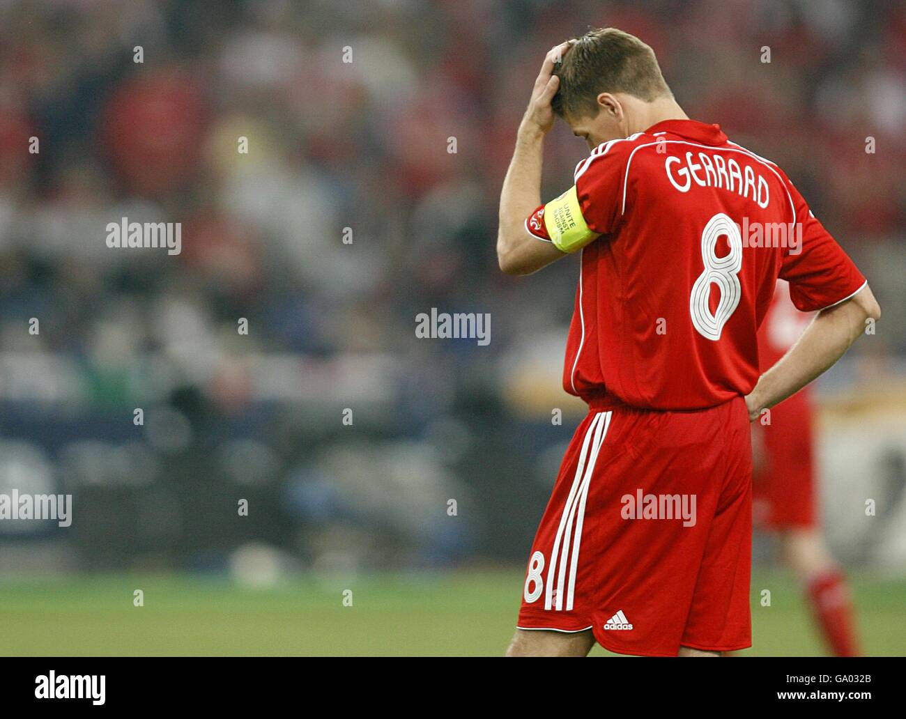 Liverpool's Steven Gerrard stands dejected after AC Milan's Filippo Inzaghi scores the first goal Stock Photo