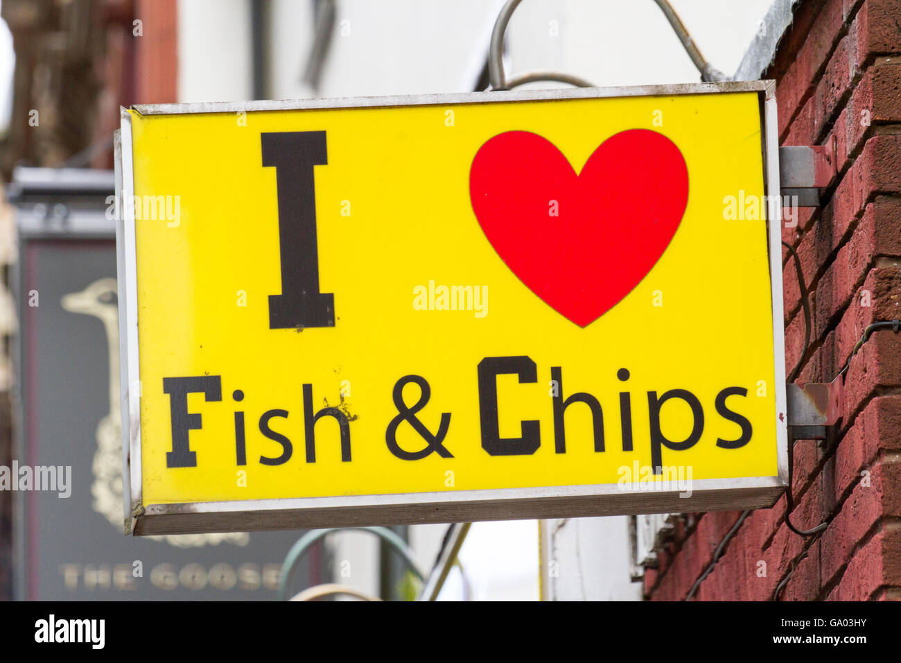 I love fish and chips, a Catering sign with a red heart,  in Manchester, UK Stock Photo