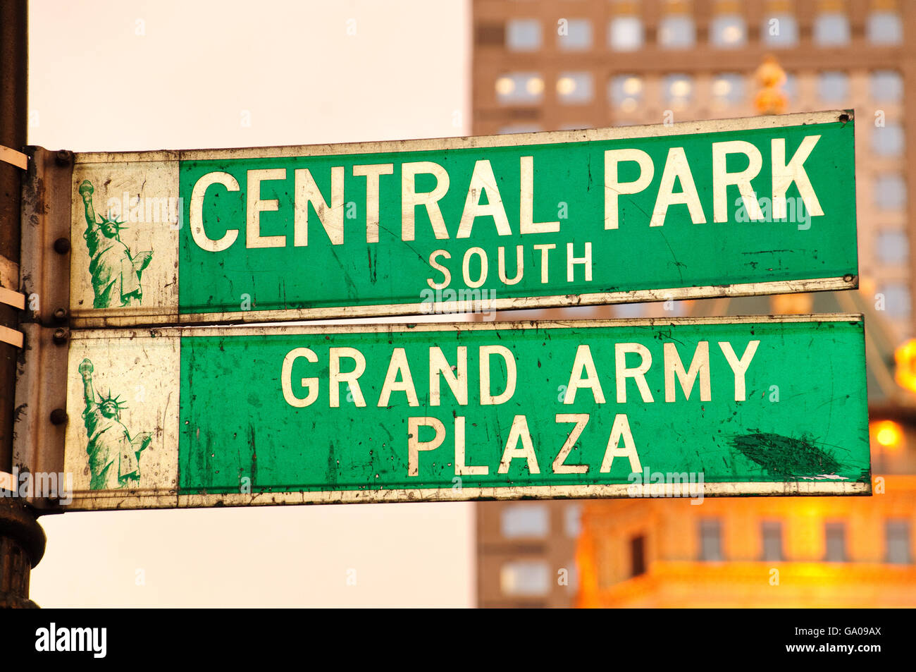 Central Park, Grand Army Plaza, street signs, New York City, New Stock