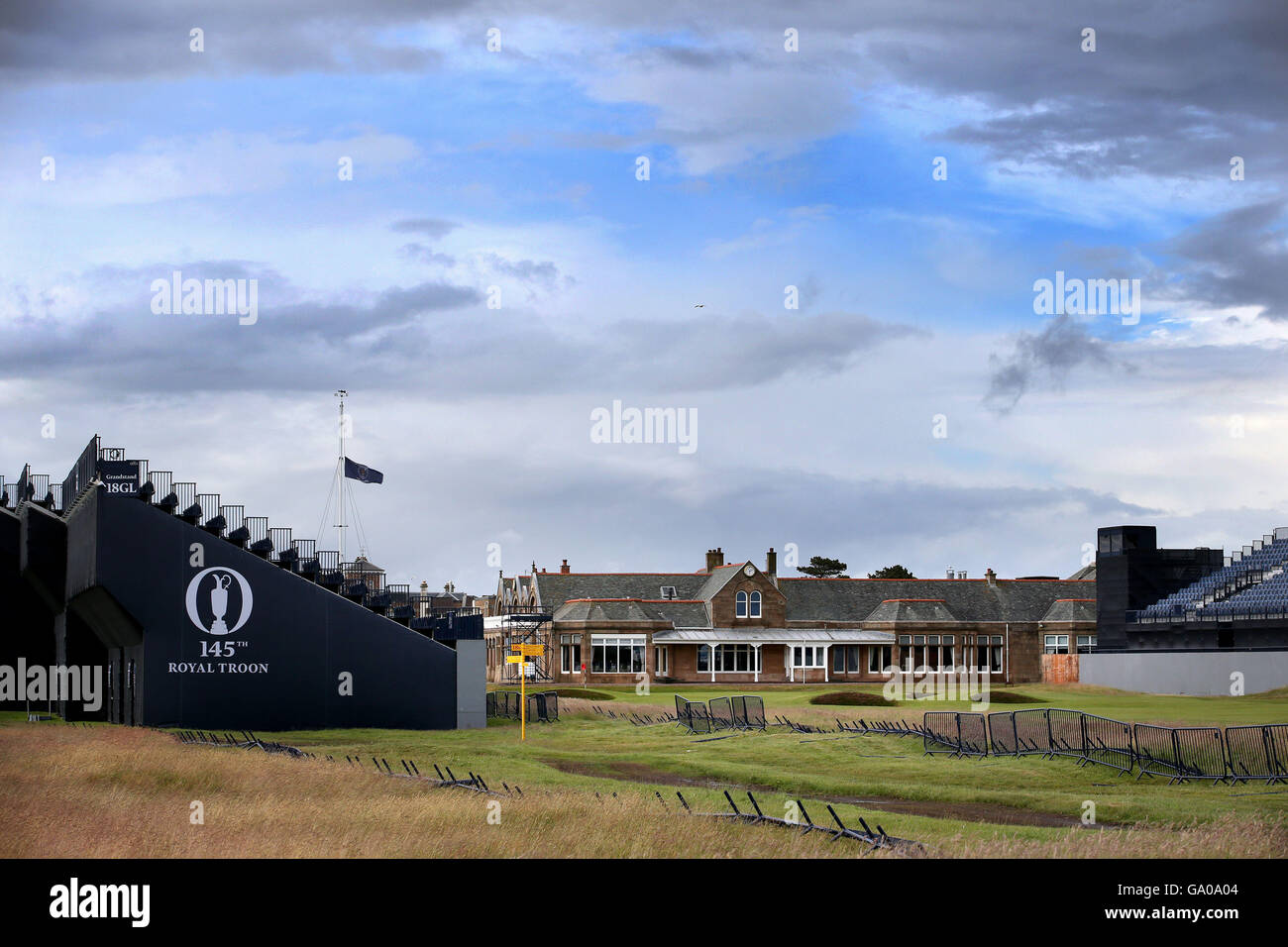 A view of the 18th green and clubhouse at the Royal Troon Golf Club in Ayrshire, as members attend a special general meeting to vote on the club's male-only membership policy. Stock Photo
