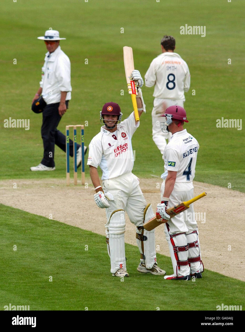 Northamptonshire's Stephen Peters celebrates reaching his century during the Liverpool Victoria County Championship Division Two match at the County Cricket Ground, Wantage Road, Northampton. Stock Photo