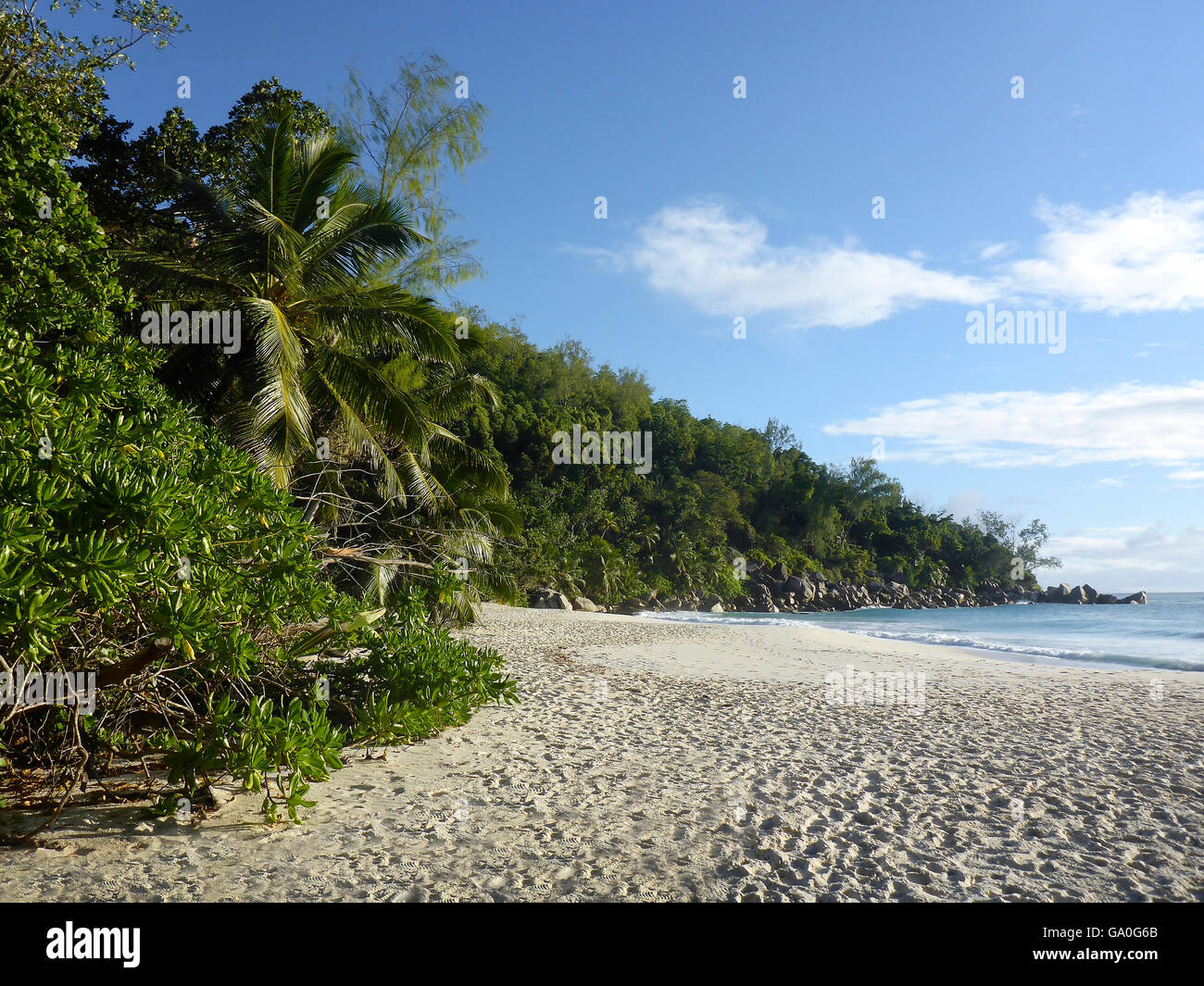 View to the beach of Anse Georgette, Seychelles Stock Photo