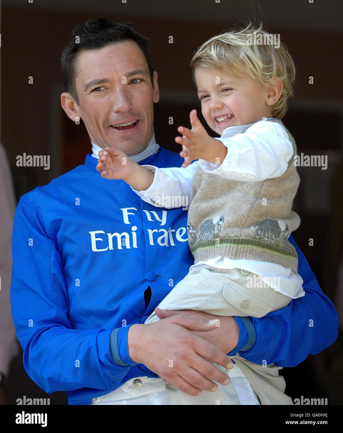 Frankie Dettori celebrates with his son Rocco after winning The Weatherbys Bank Handicap at Ripon Racecourse. Stock Photo