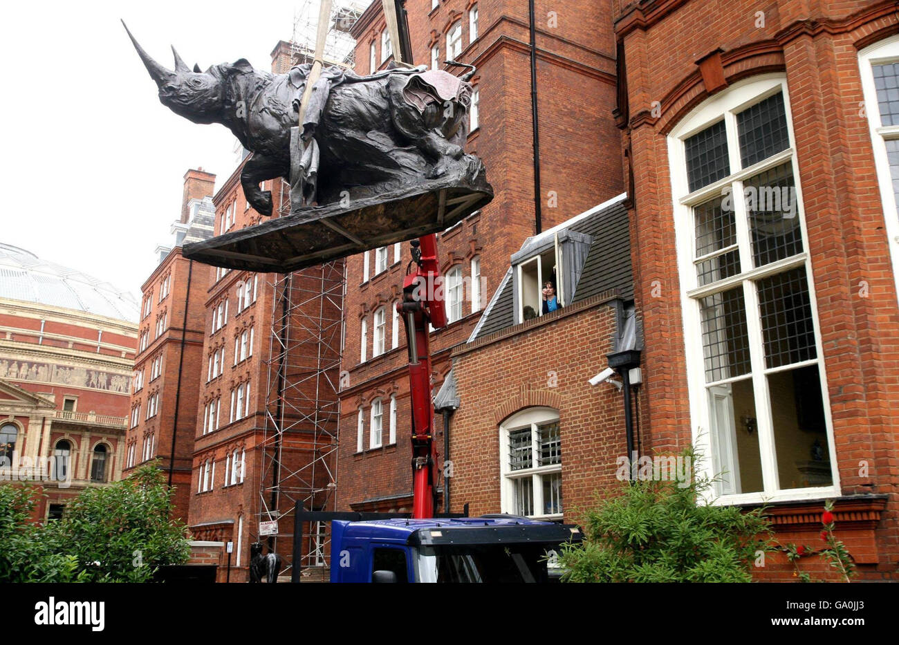 80-100,000) is hoisted into the garden of the Royal Geographical Society in south Kensington, west London, for public viewing of the sale of Predators and Prey at Christie's South Kensington. Stock Photo