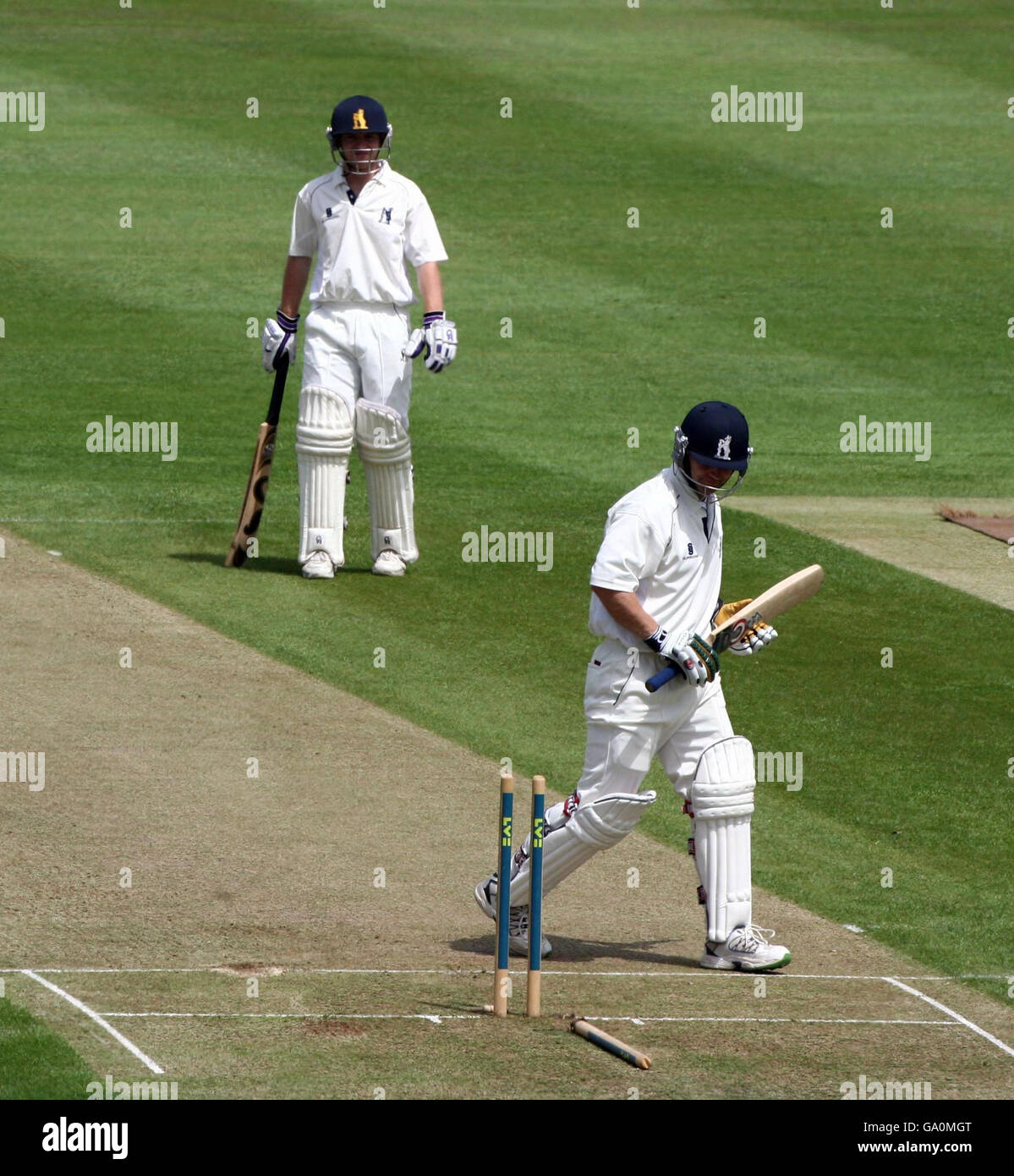 Warwickshire's Darren Maddy looks back at his wicket after he was cleaned bowled by Worcestershire's Doug Bollinger during the Liverpool Victoria County Championship Division One match at The County Ground, Edgbaston, Birmingham. Stock Photo