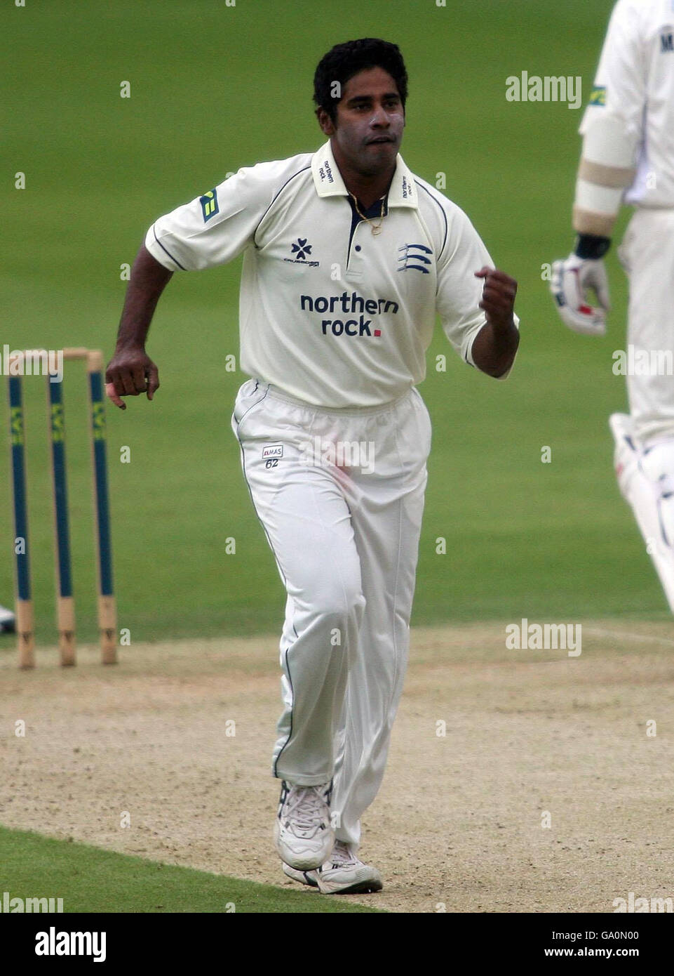 Middlesex's Chaminda Vaas celebrates taking the wicket of Essex's Ryan ten Doeschate during the Liverpool Victoria County Championship Division Two match at Lord's Cricket Ground, St John's Wood, London. Stock Photo