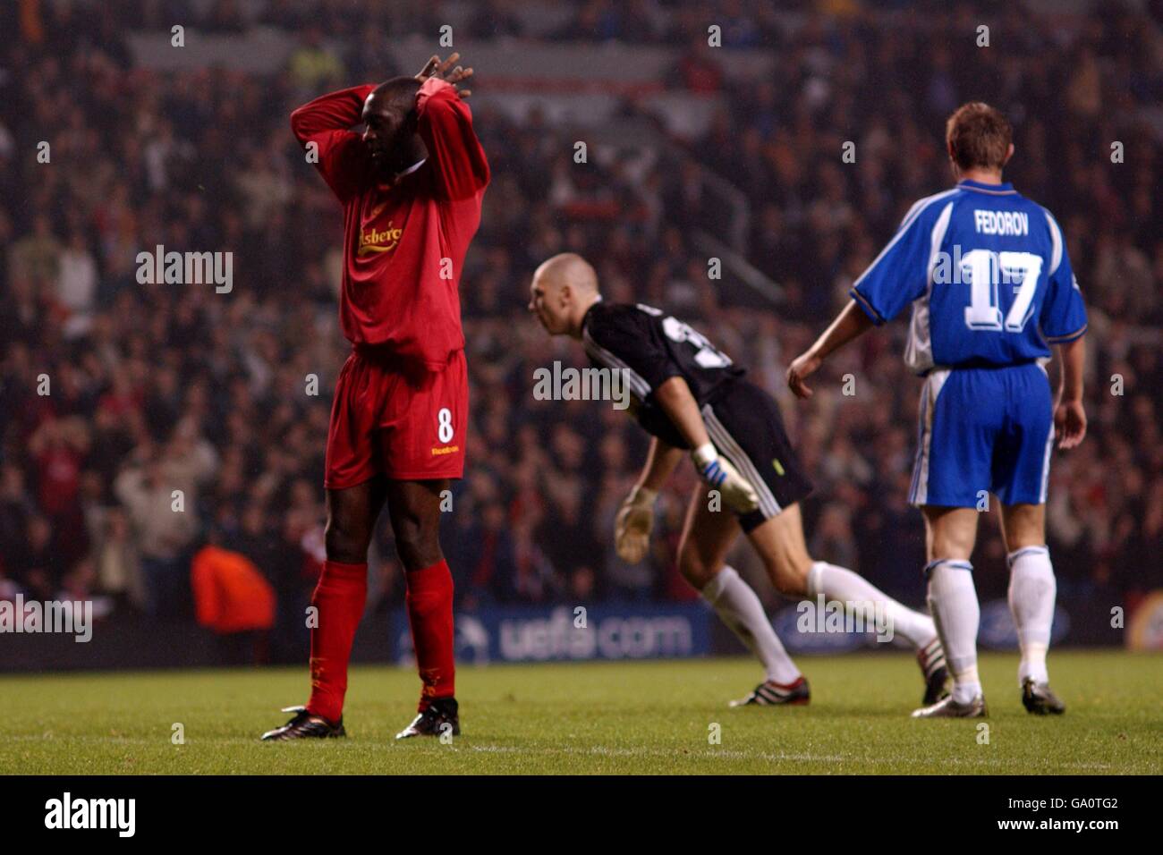 Soccer - UEFA Champions League - Group B - Liverpool v Dynamo Kyiv. Liverpool's Emile Heskey cannot belive it as his shot goes wide against Dynamo Kyiv Stock Photo