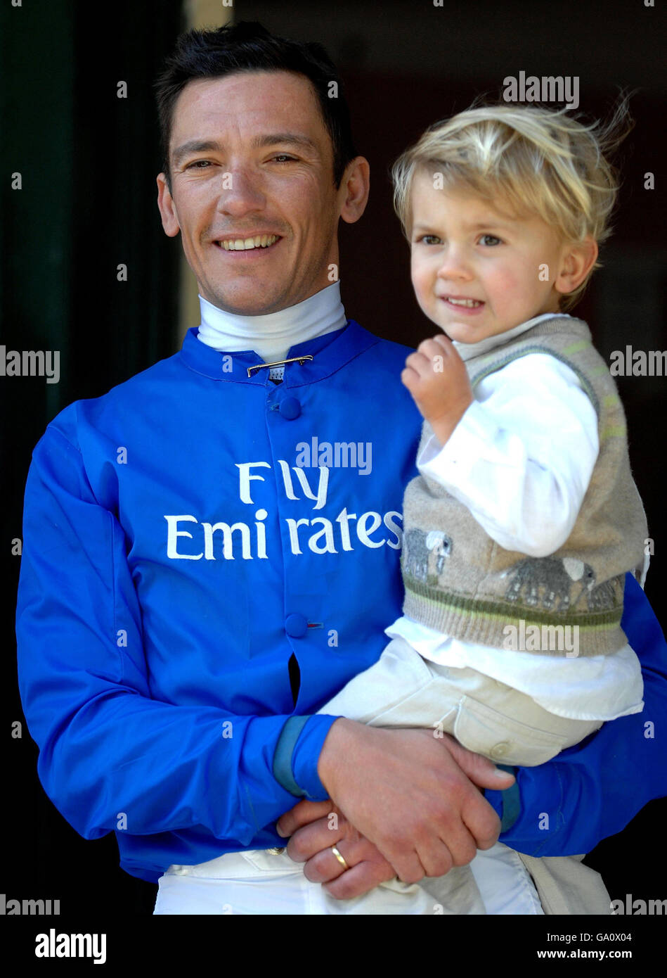 Frankie Dettori celebrates with his son Rocco after winning The Weatherbys Bank Handicap at Ripon Racecourse. Stock Photo