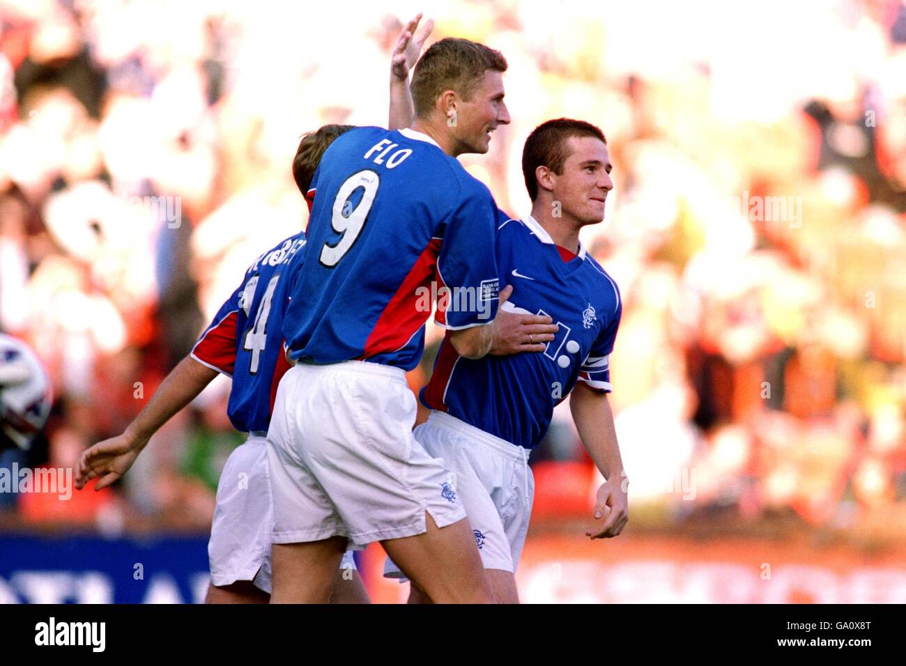 Scottish Soccer - Scottish Premiership - Dundee United v Rangers. Rangers' Tore Andre Flo (l) is congratulated by teammate Barry Ferguson (r) Stock Photo