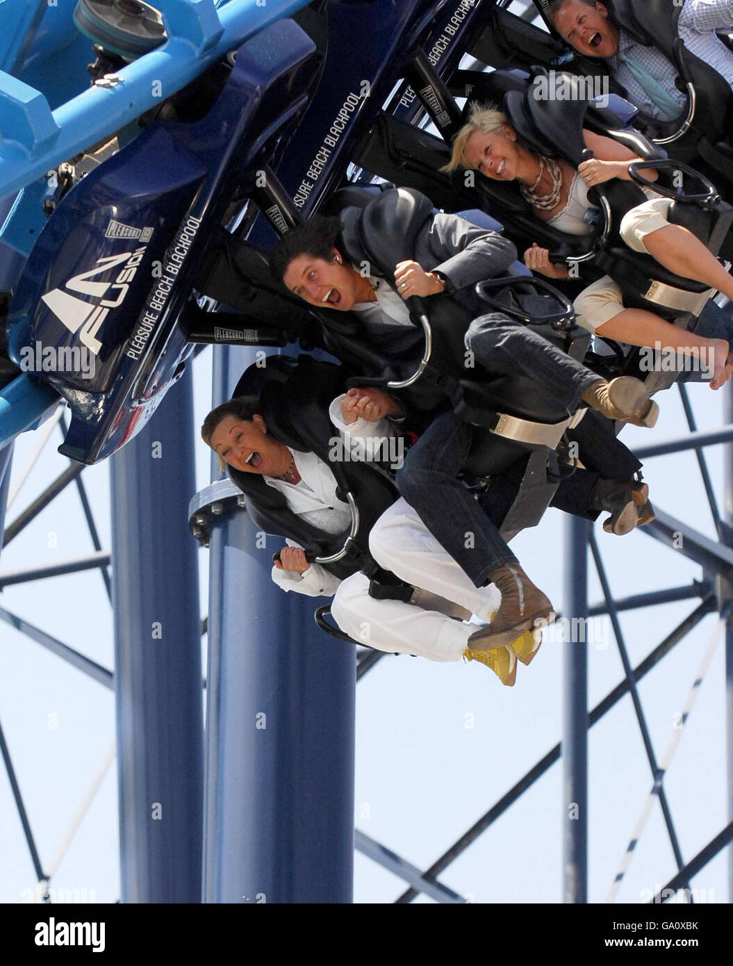 Vernon Kay (blue jeans) rides on the 'Infusion' rollercoaster, the brand new addition to Blackpool's 'Pleasure Beach', during it's official launch today. Stock Photo
