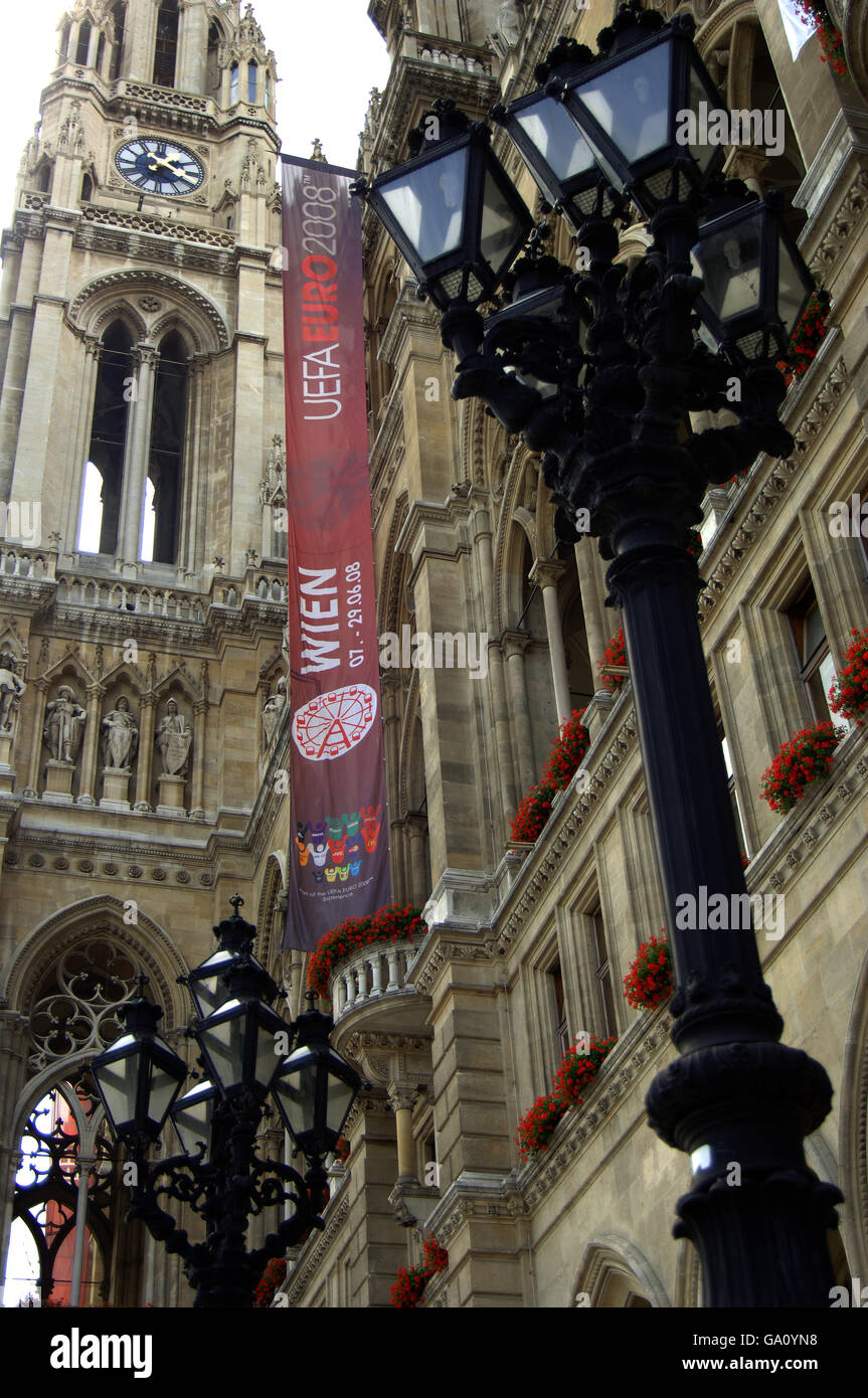 The Rathaus (Town Hall) with a banner advertising the 2008 European Football Championships Stock Photo