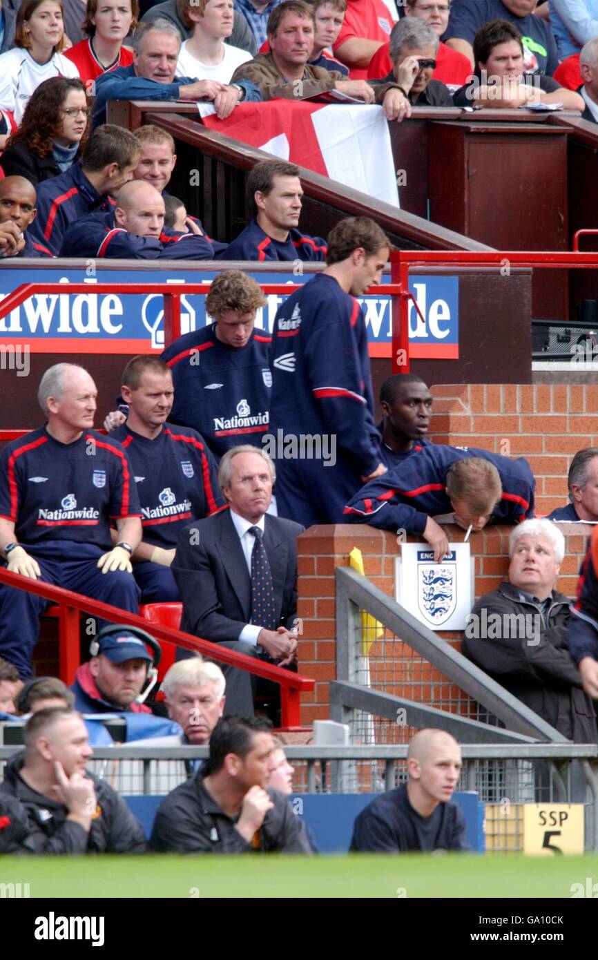 England manager Sven Goran Eriksson and his staff watch as his team go ...