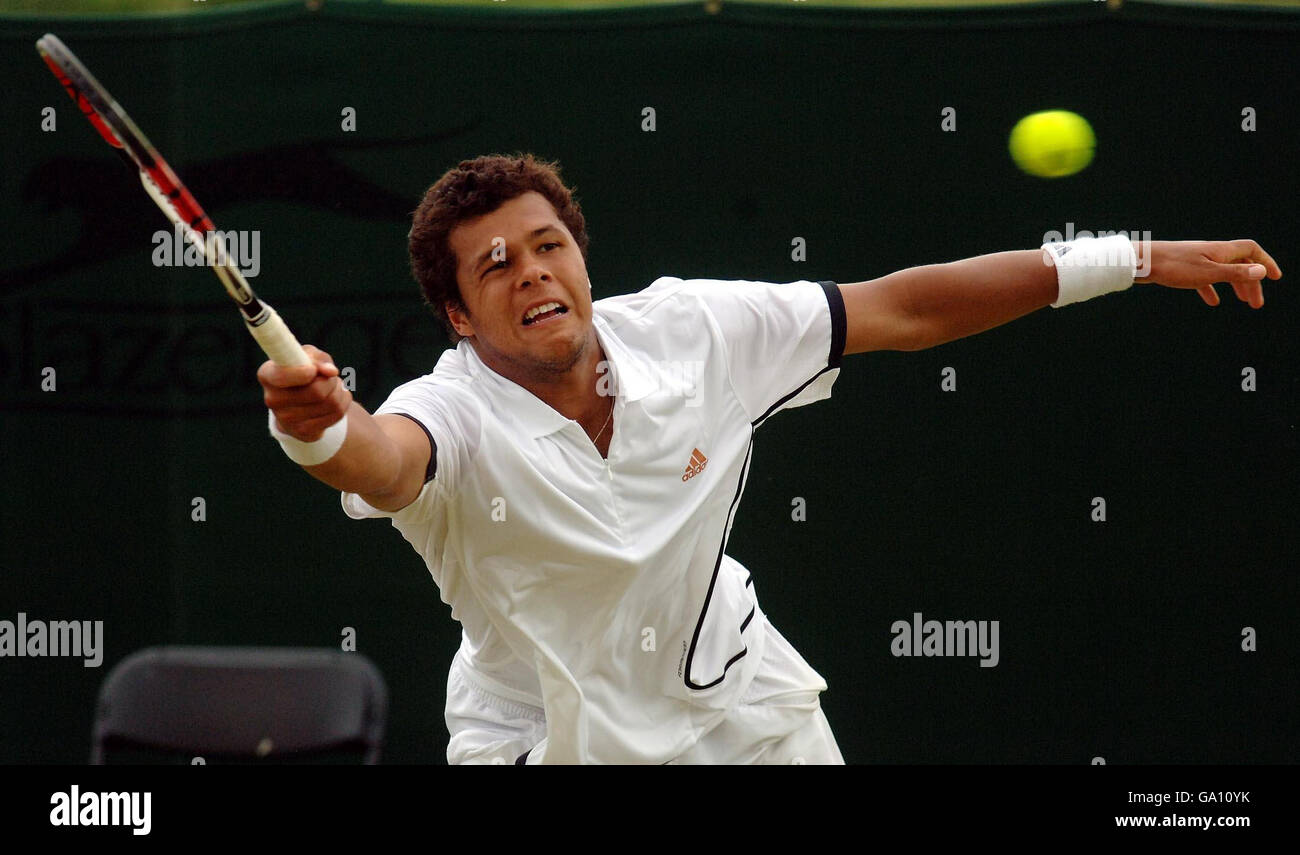 France's Jo-Wilfried Tsonga in action against Australia's Chris Guccione during the Surbiton Trophy tournament at Surbiton Racket and Fitness Club, Surrey. Stock Photo