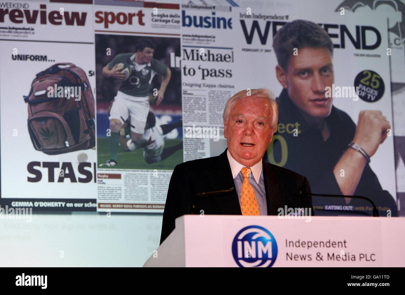 Chief Executive of Independent News and Media PLC Sir Anthony O Reilly delivers a speech at the company's AGM at the Culloden Hotel in Belfast. Stock Photo