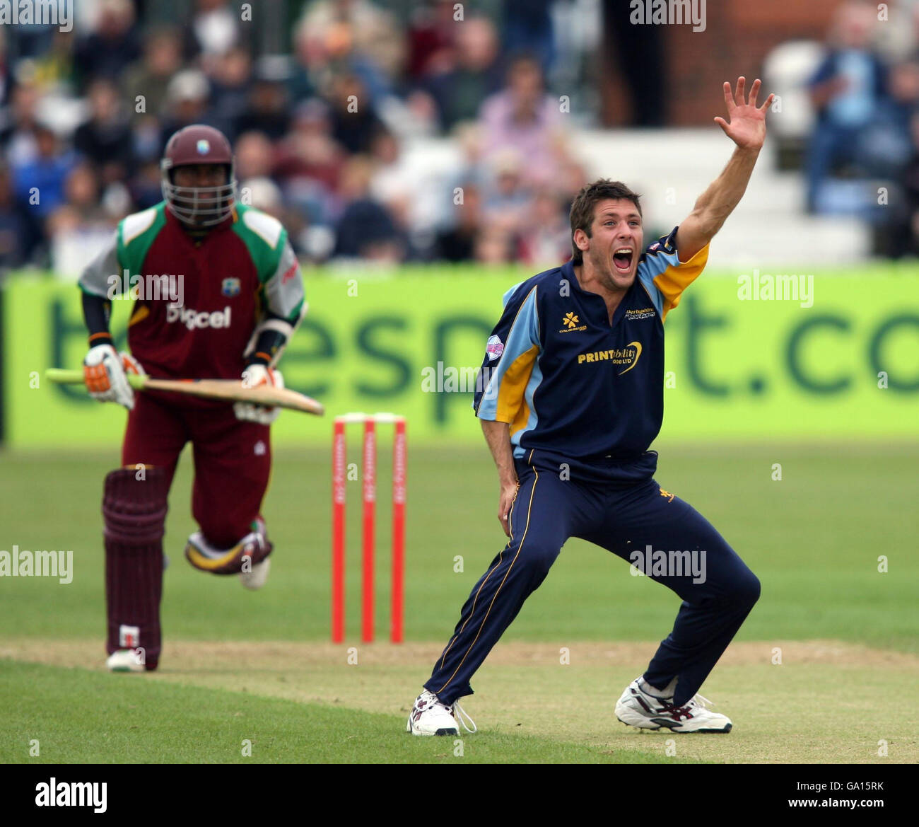 Derbyshire's Tom Lungley traps West Indies Marlon Samuels LBW for a Golden Duck during the Tour Match at the County Ground, Derby. Stock Photo